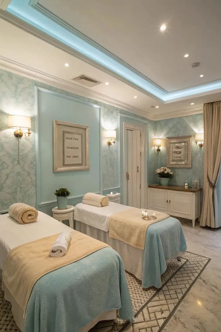 Serene blue spa treatment room
