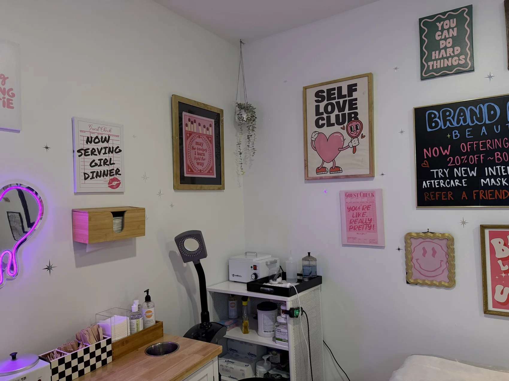 Cozy corner with a heart neon mirror and the wax station